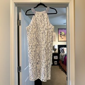 NWT: Maggy L Dress in blue and white with lace overlay